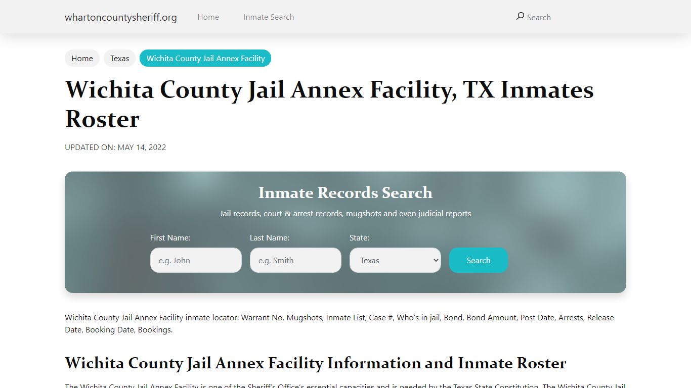 Wichita County Jail Annex Facility, TX Jail Roster, Name ...